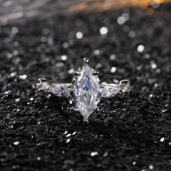 😍NEW 925 STERLING SILVER MARQUIS ROMANTIC TRENDY DIAMOND RING, K824 - Picture 8 of 9